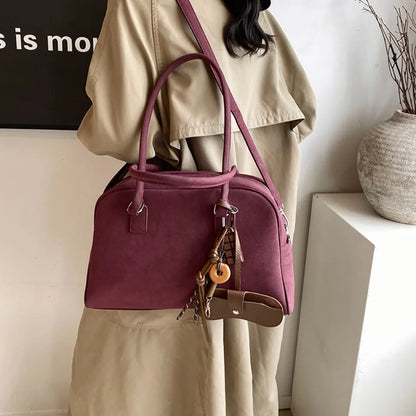 Large Suede Bowling Bag with Long Strap for Women