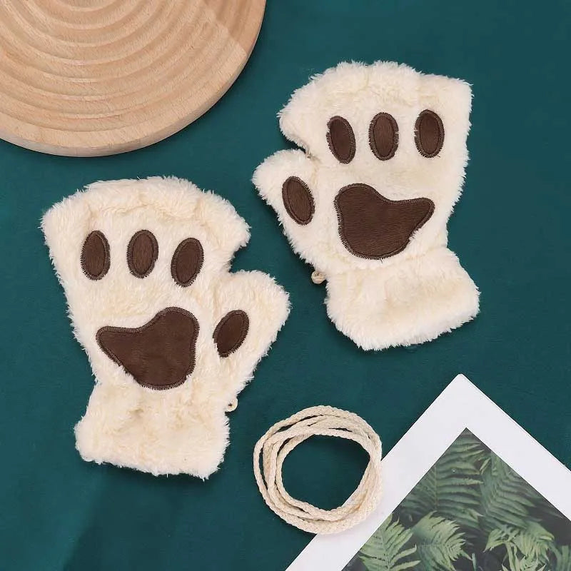 Cat Paw Fingerless Gloves – Cute Fluffy Winter Mittens for Women & Girls