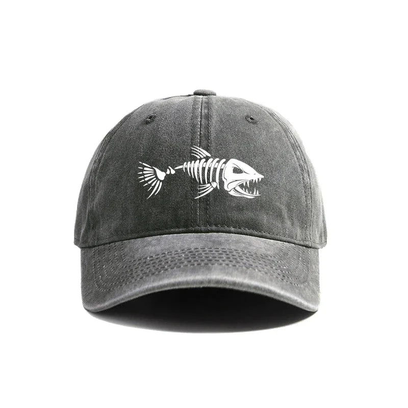Fishbone Skeleton Baseball Cap – Distressed Dad Hat for Fishing