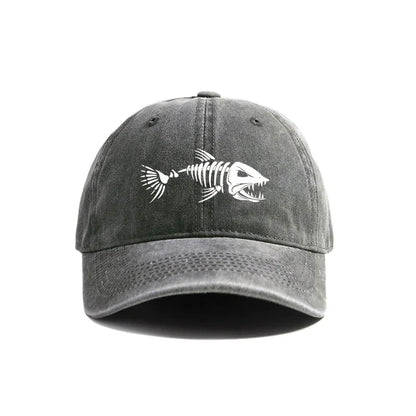 Fishbone Skeleton Baseball Cap – Distressed Dad Hat for Fishing