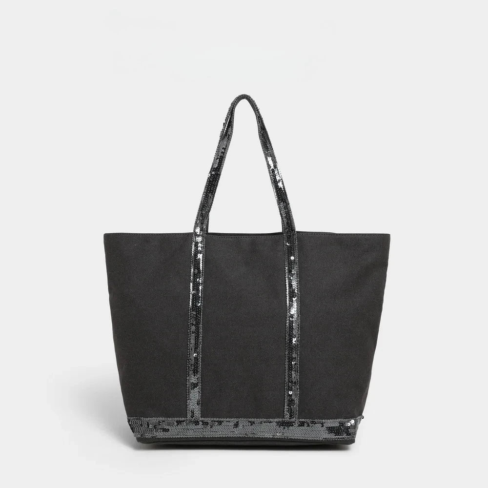 French Sequined Tote Bag Women Luxury Large Bucket Vintage Casual Woven Commuter Canvas Shopper