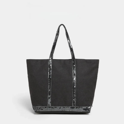 French Sequined Tote Bag Women Luxury Large Bucket Vintage Casual Woven Commuter Canvas Shopper