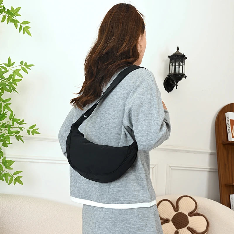 Nylon Crescent Shoulder Bag for Women – Casual Dumpling Crossbody