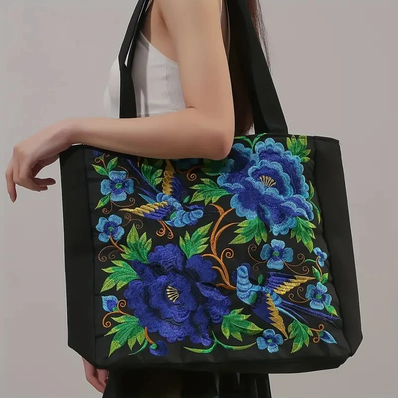 Embroidered Canvas Tote Bag – Ethnic Floral & Phoenix Shoulder Bag