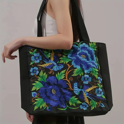 Embroidered Canvas Tote Bag – Ethnic Floral & Phoenix Shoulder Bag