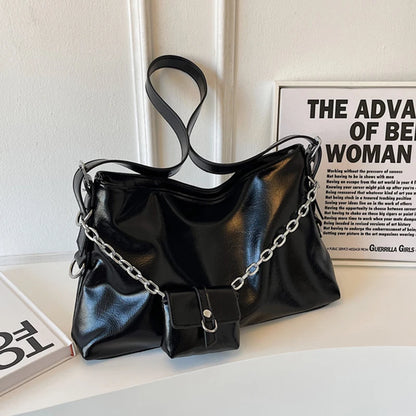 Large Shoulder Bag with Chain Strap – Women's PU Leather Hobo Tote
