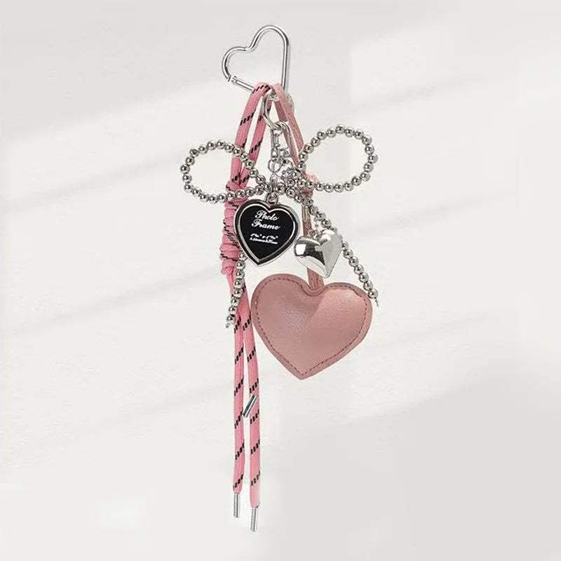 Heart Bow Keychain Beaded Leather Pendant Bag Charm