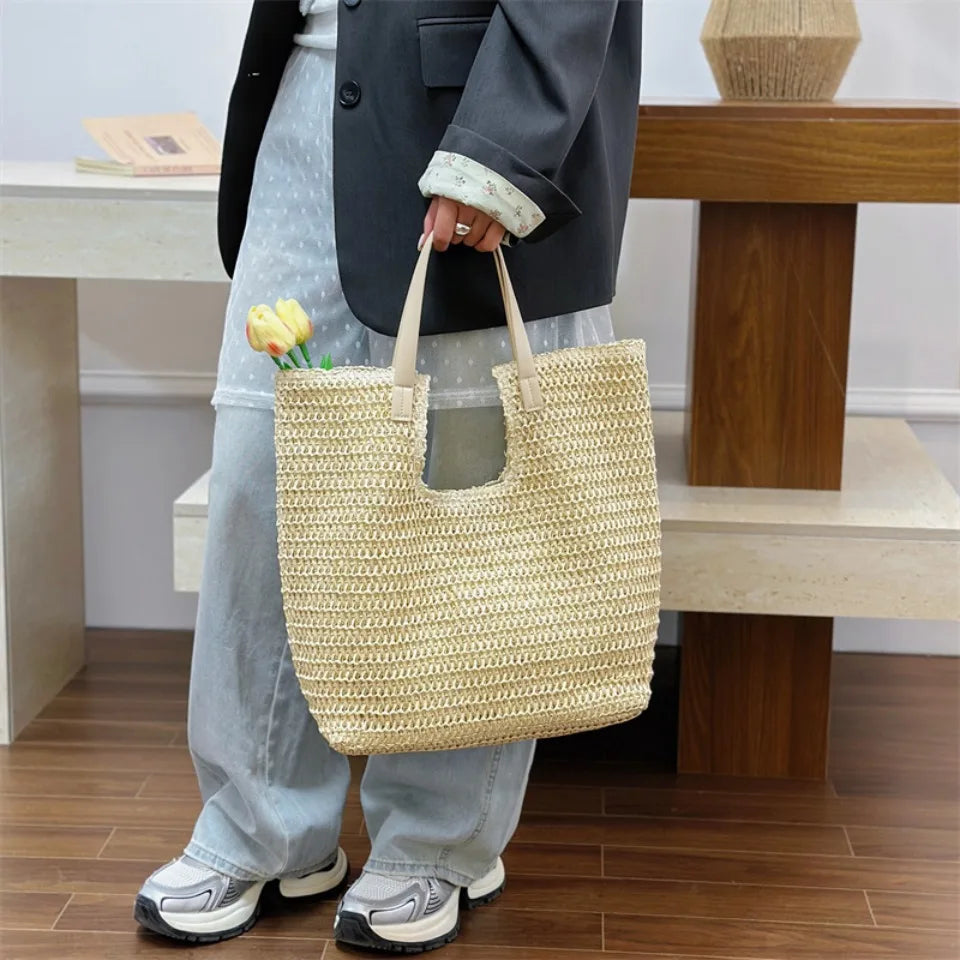 Straw Beach Tote Bag – Large Capacity Woven Shoulder Bag for Women