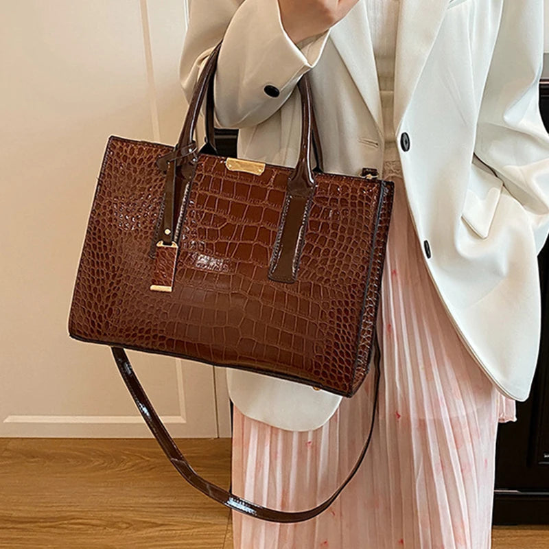 Crocodile Pattern Tote Bag for Women – Large Capacity PU Leather Shoulder Bag