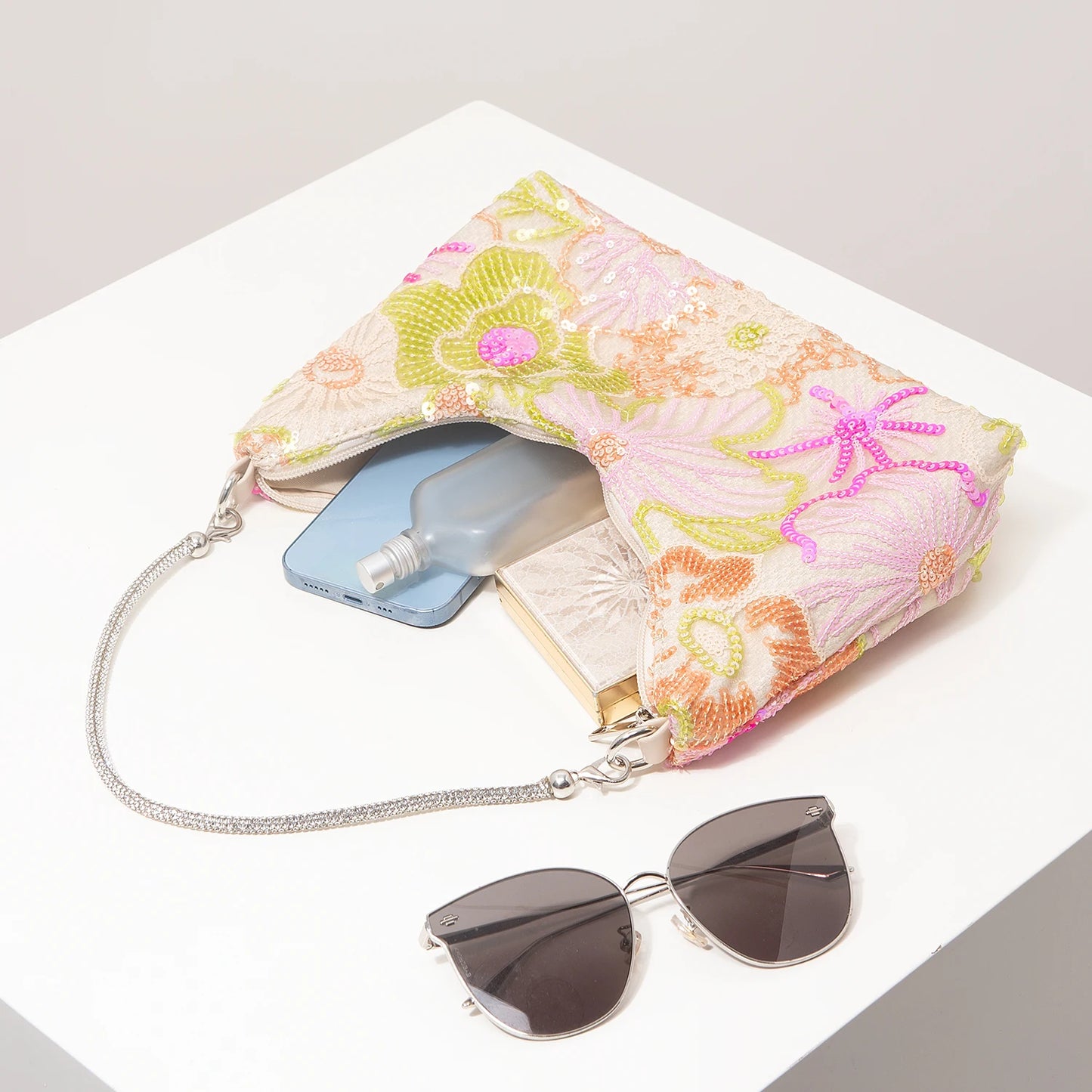 Sequin Floral Embroidery Shoulder Bag – Evening Clutch