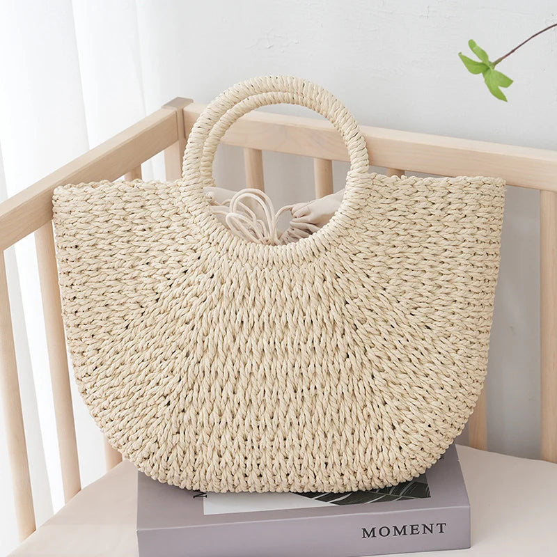Large Half-Moon Straw Bag – Handmade Women Beach Basket Handbag
