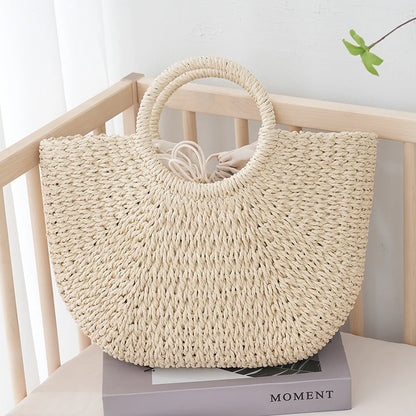 Large Half-Moon Straw Bag – Handmade Women Beach Basket Handbag