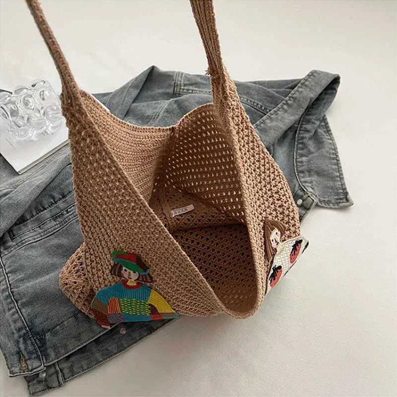 Crochet Mesh Knit Shoulder Bag – Cartoon Tote Beach Bag for Women