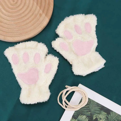 Cat Paw Fingerless Gloves – Cute Fluffy Winter Mittens for Women & Girls