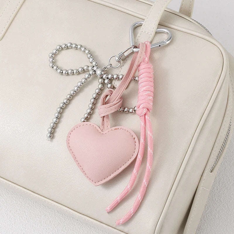 Heart Leather Rope Keychain Bag Charm with Bead Bow