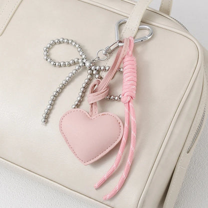 Heart Leather Rope Keychain Bag Charm with Bead Bow
