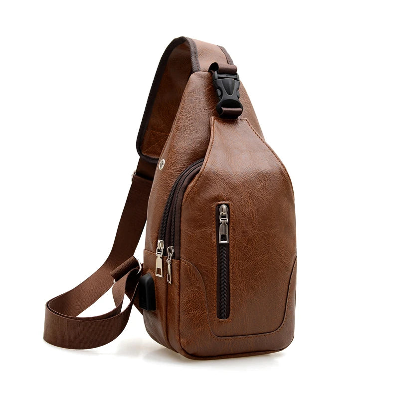 Men's PU Leather Chest Bag with USB Charging Port