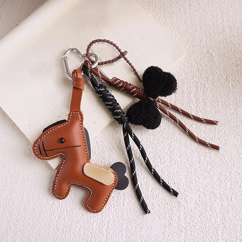 PU Leather Pony Keychain Bag Charm with Braided Rope & Bow