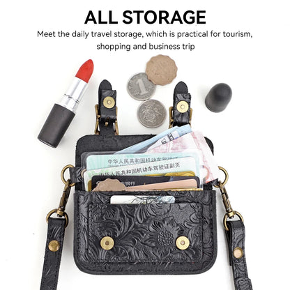 Genuine Leather Mini Crossbody Bag – Floral Embossed Satchel for Women