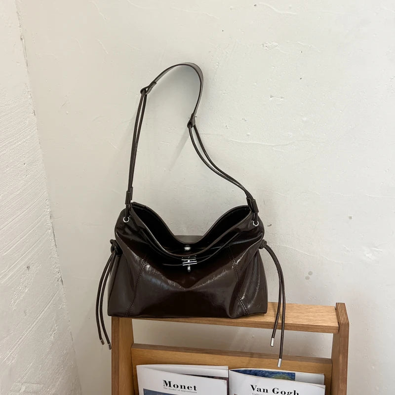 Moods Commuter Shoulder Crossbody Bags Women Waxed Pu Leather Solid Color Large Capacity Shopper