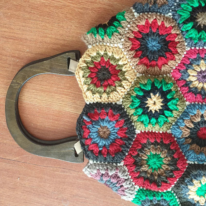 Bohemian Granny Squarecrochet Women Handbags Vintage Wooden Knitted Hand Bags Handmade Woven Large