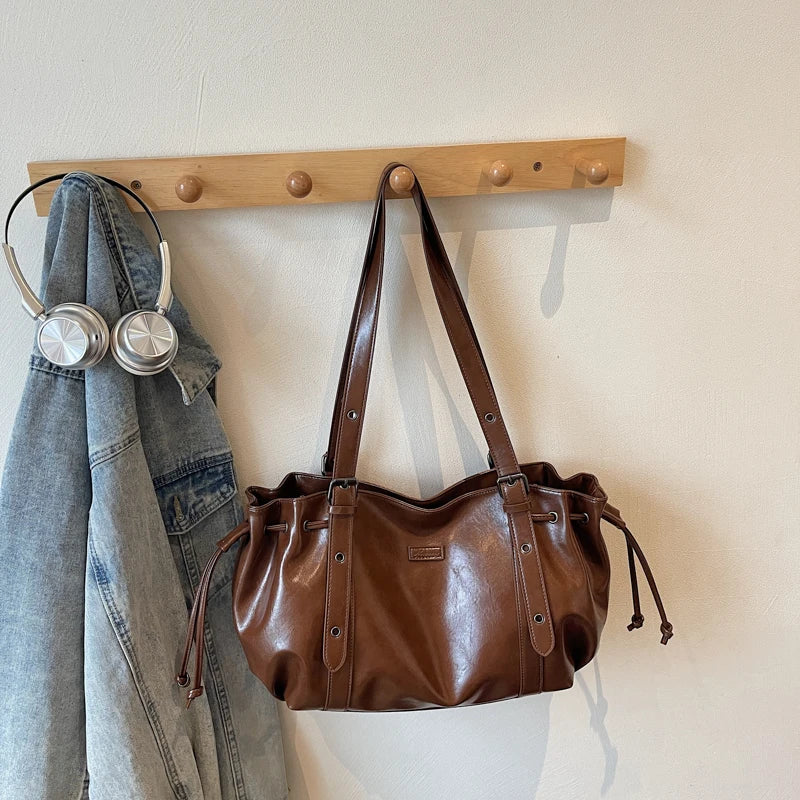Moods Practical Big Shoulder Hobo Bags Women Soft Vegan Leather Drawstring Large Capacity Shopper
