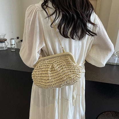 Straw Woven Cloud Bag – Gold Chain Shoulder Purse for Women