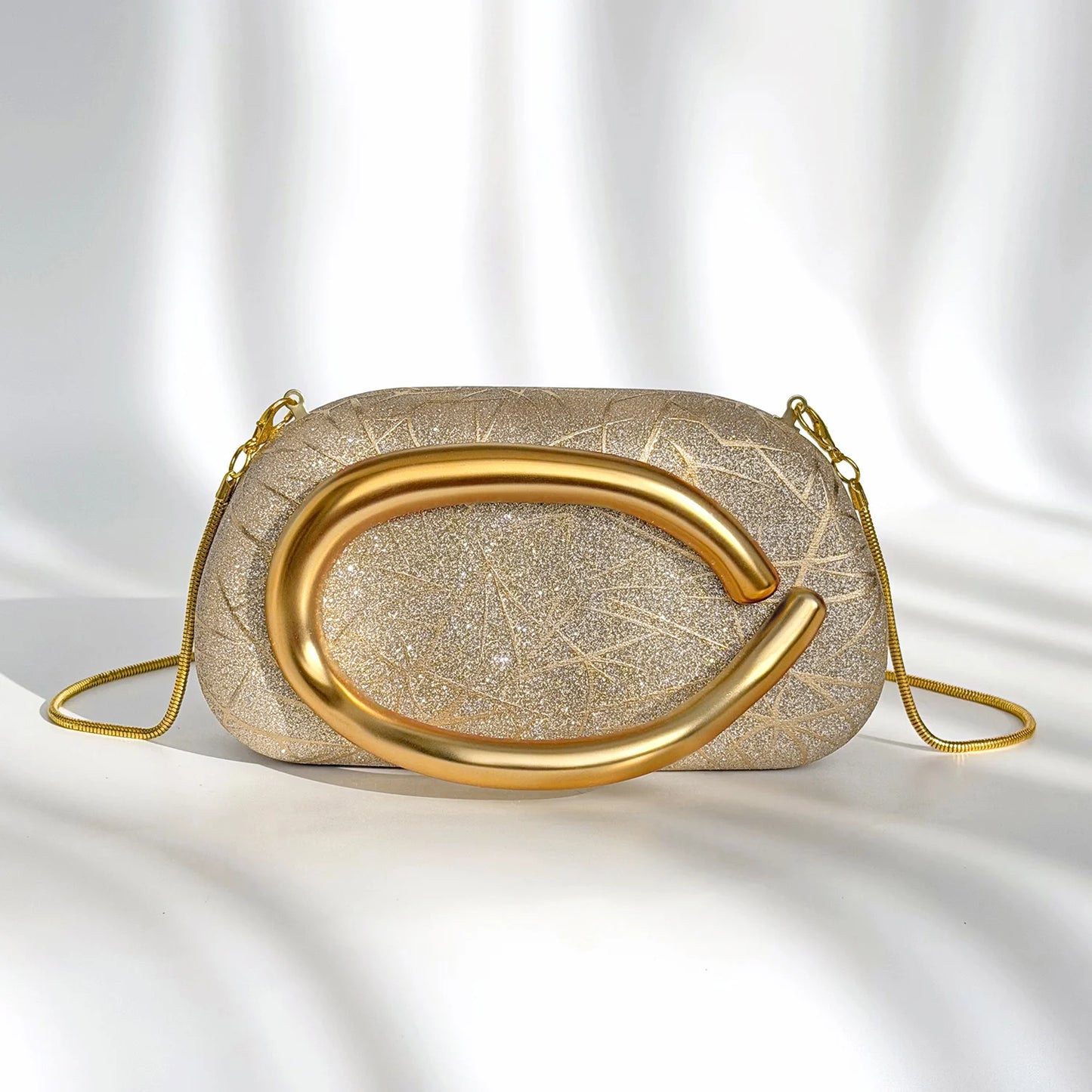Glitter Evening Clutch Bag with Detachable Gold Chain Strap