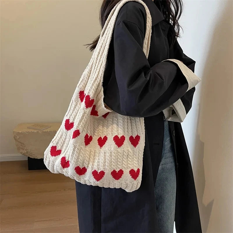 Knitted Heart Pattern Tote Bag Large Capacity for Women