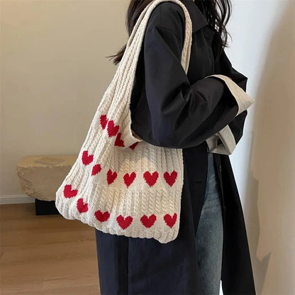 Knitted Heart Pattern Tote Bag Large Capacity for Women
