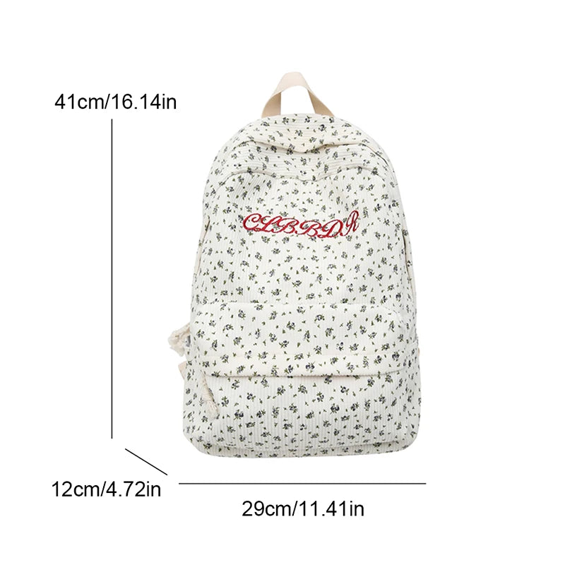 Floral Corduroy Backpack for Women – Cute Embroidery School Bag