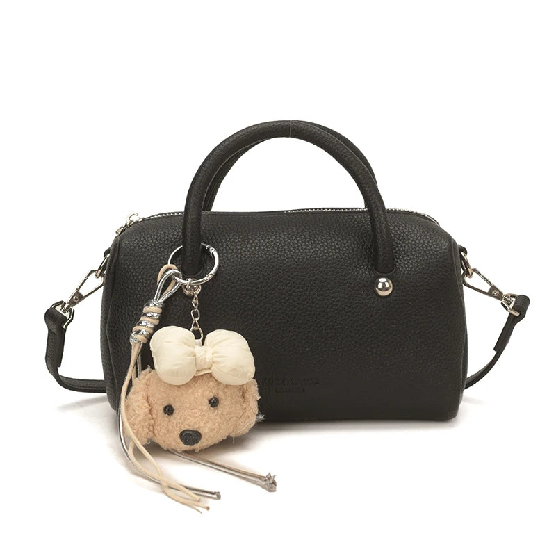 Women's Leather Top Handle Bag – Crossbody Shoulder Purse with Pendant