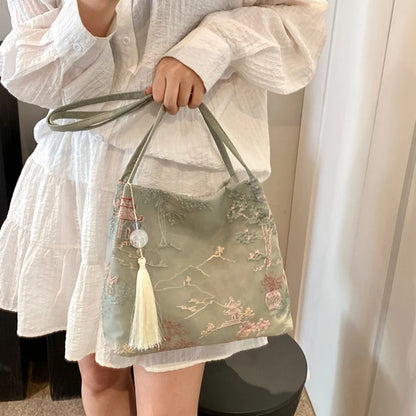 Chinese Retro Silk Jacquard Shoulder Bag for Women – Tassel Crossbody