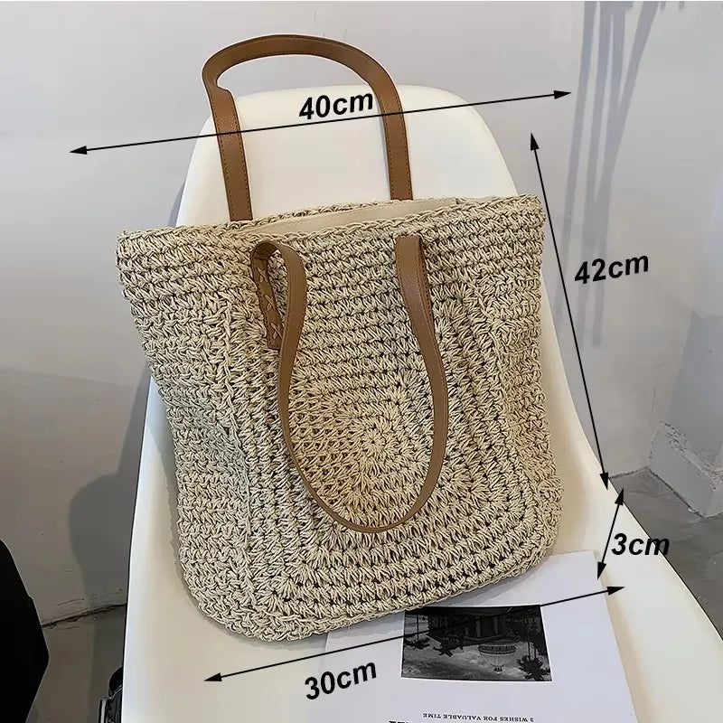 Handmade Straw Woven Round Beach Tote Bag