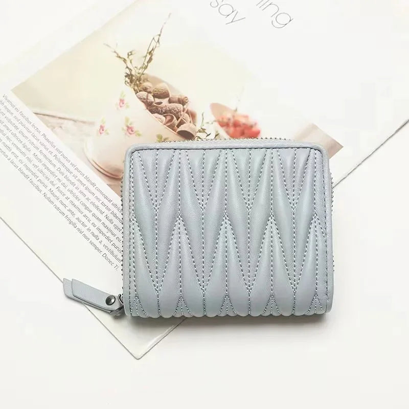 Genuine Lambskin Leather Short Wallet for Women – Quilted Zip Purse
