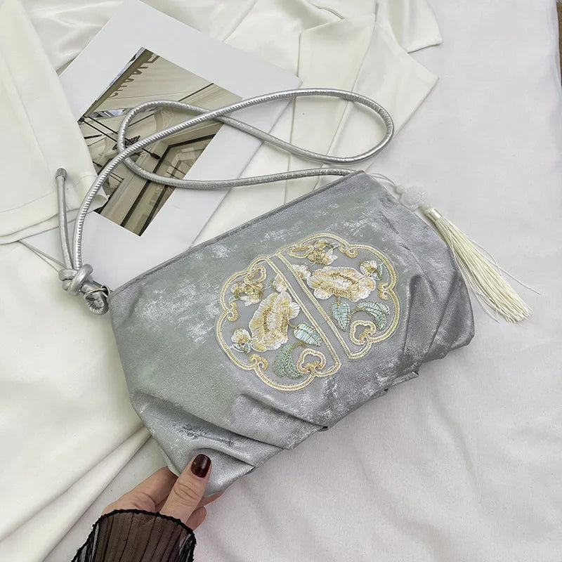 Chinese Embroidery Tote Bag – Soft Satchel with Tassel & Rope Handle