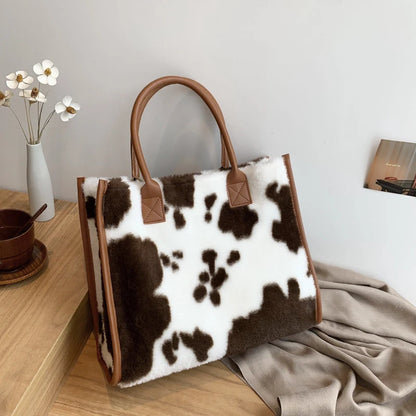 Faux Fur Leopard Print Tote Bag for Women – Soft Shopper Handbag