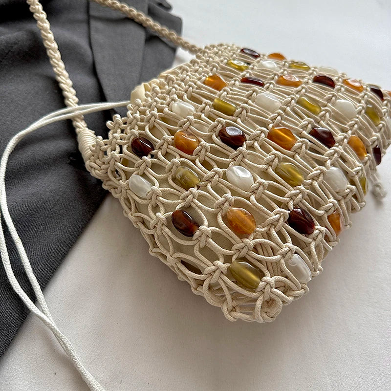 Moods Woven Design Drawstring Shoulder Bucket Bags Women Stone Beads Decor Phone Net Bag Trends