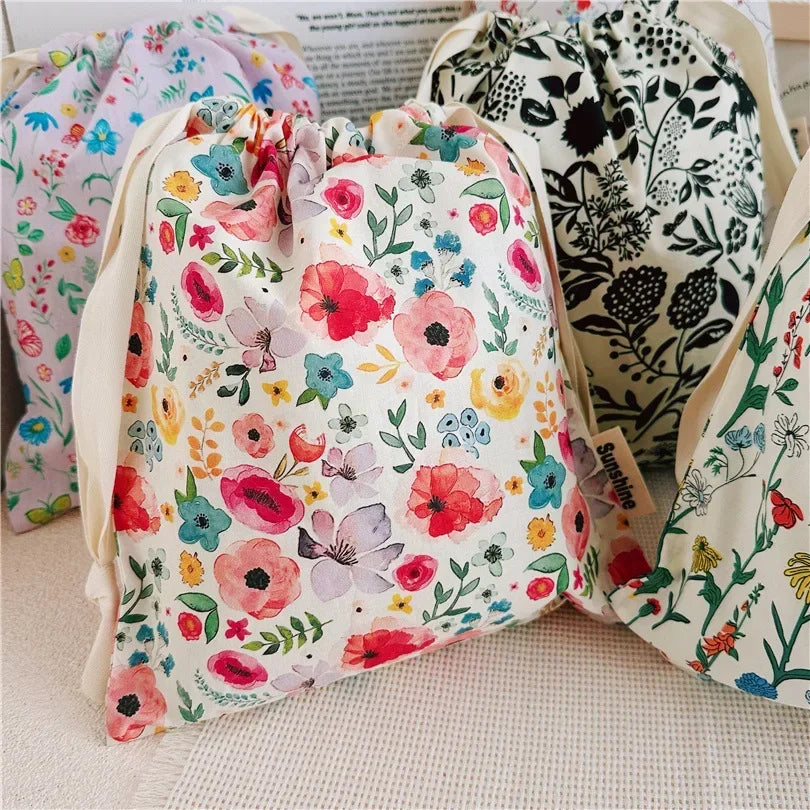 Floral Cotton Drawstring Travel Organizer Bag