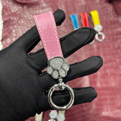 Genuine Crocodile Leather Cat Paw Rhinestone Keychain