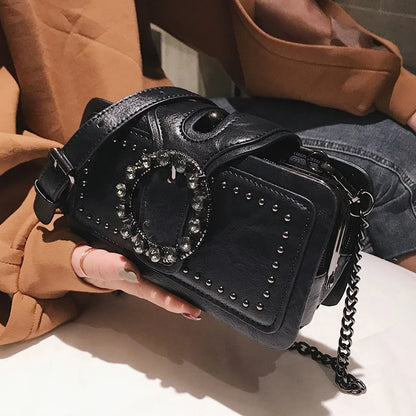 Studded Crossbody Bag – Punk Rhinestone Buckle Chain Shoulder Bag
