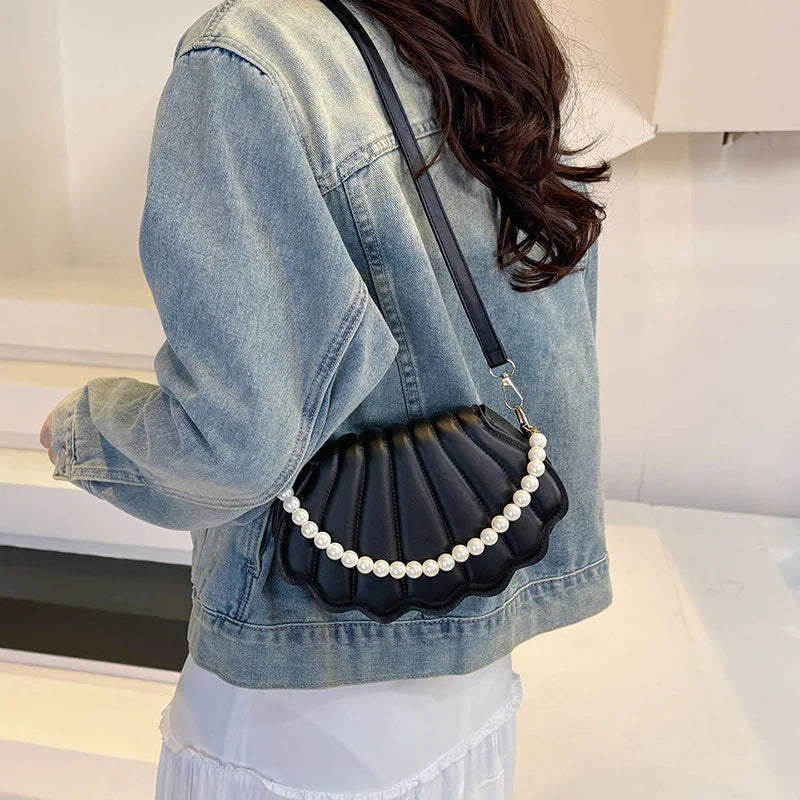 Pearl Chain Seashell Handbag – Women's PU Leather Shoulder Bag