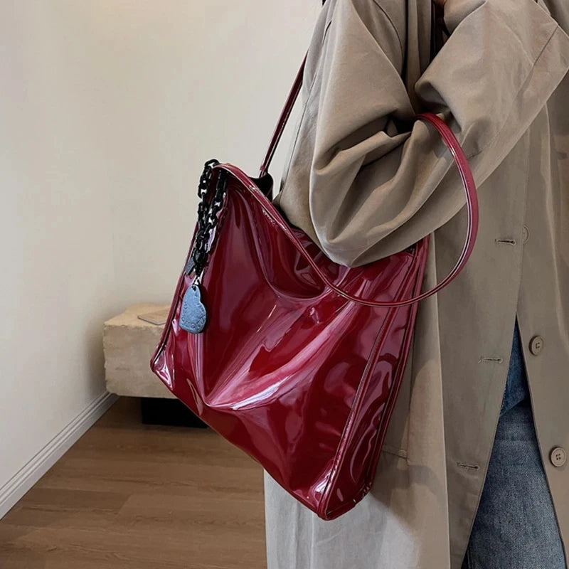 Patent Leather Shoulder Bag for Women – Chic Chain Tote