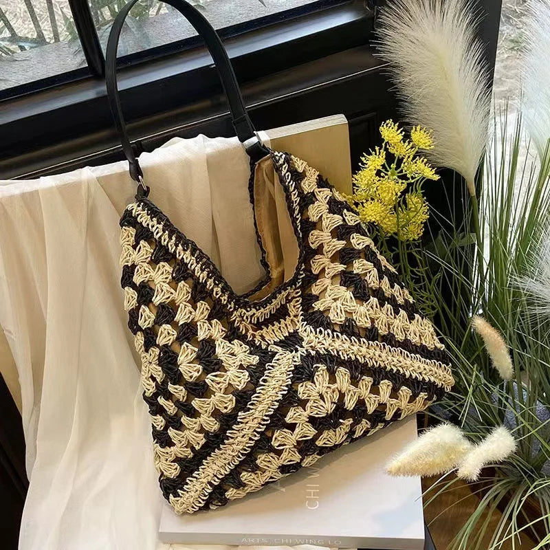 Color Block Straw Woven Shoulder Bag – Beach Tote