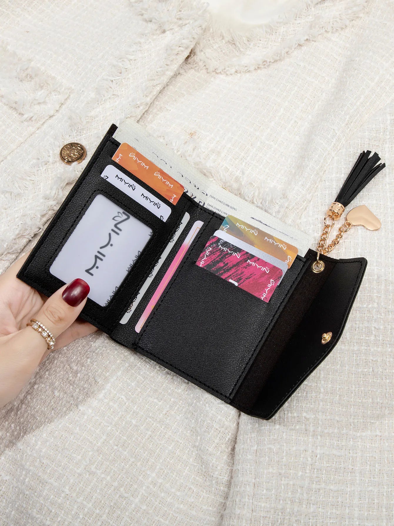 Women's Compact Clutch Wallet with Tassel & Gold Heart Charm