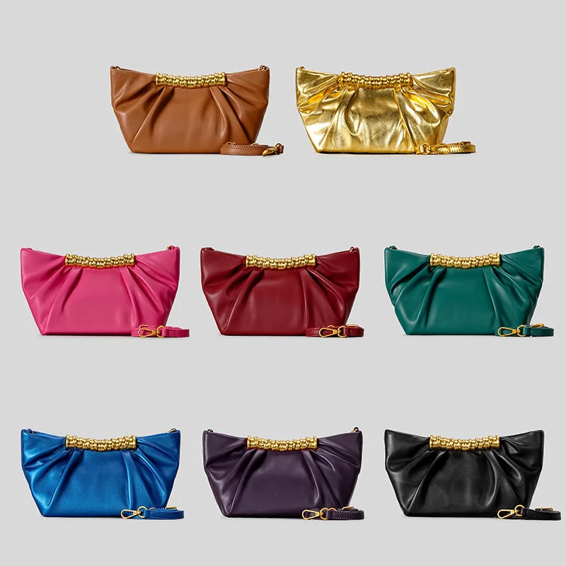 Elegant Ruched Hobos Clucth Bag Luxury Designer Metal Handle Women Handbags Soft Pu Leather Shoulder
