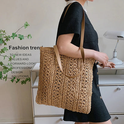 Straw Beach Bag Handwoven Tote with Leather Straps