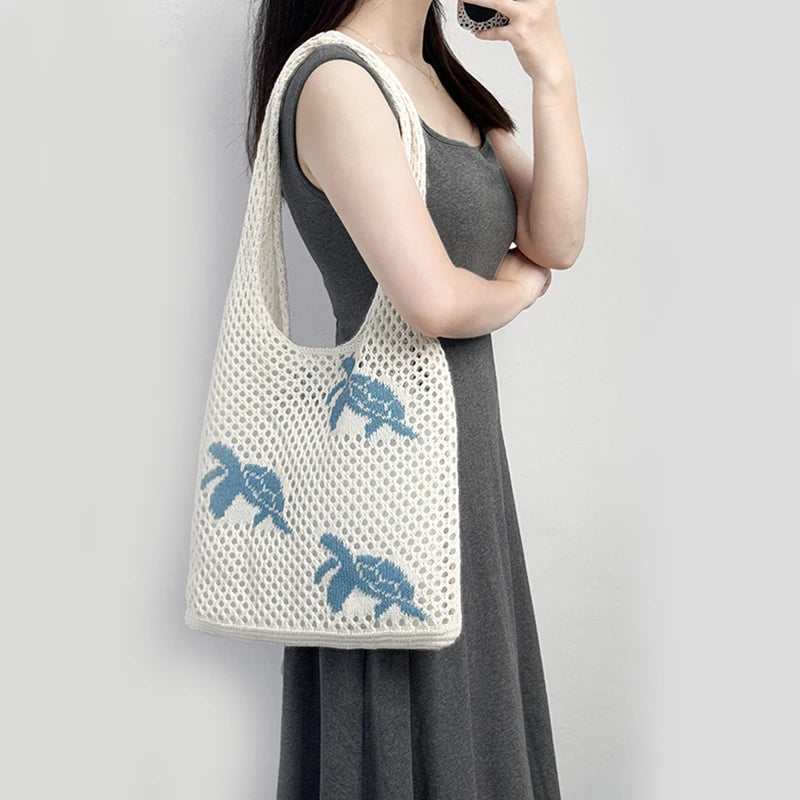 Knit Turtle Shoulder Bag – Hollow Crochet Beach Tote