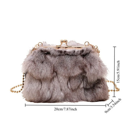 Women's Fluffy Faux Fur Crossbody Bag – Gold Frame Pearl Chain Handbag