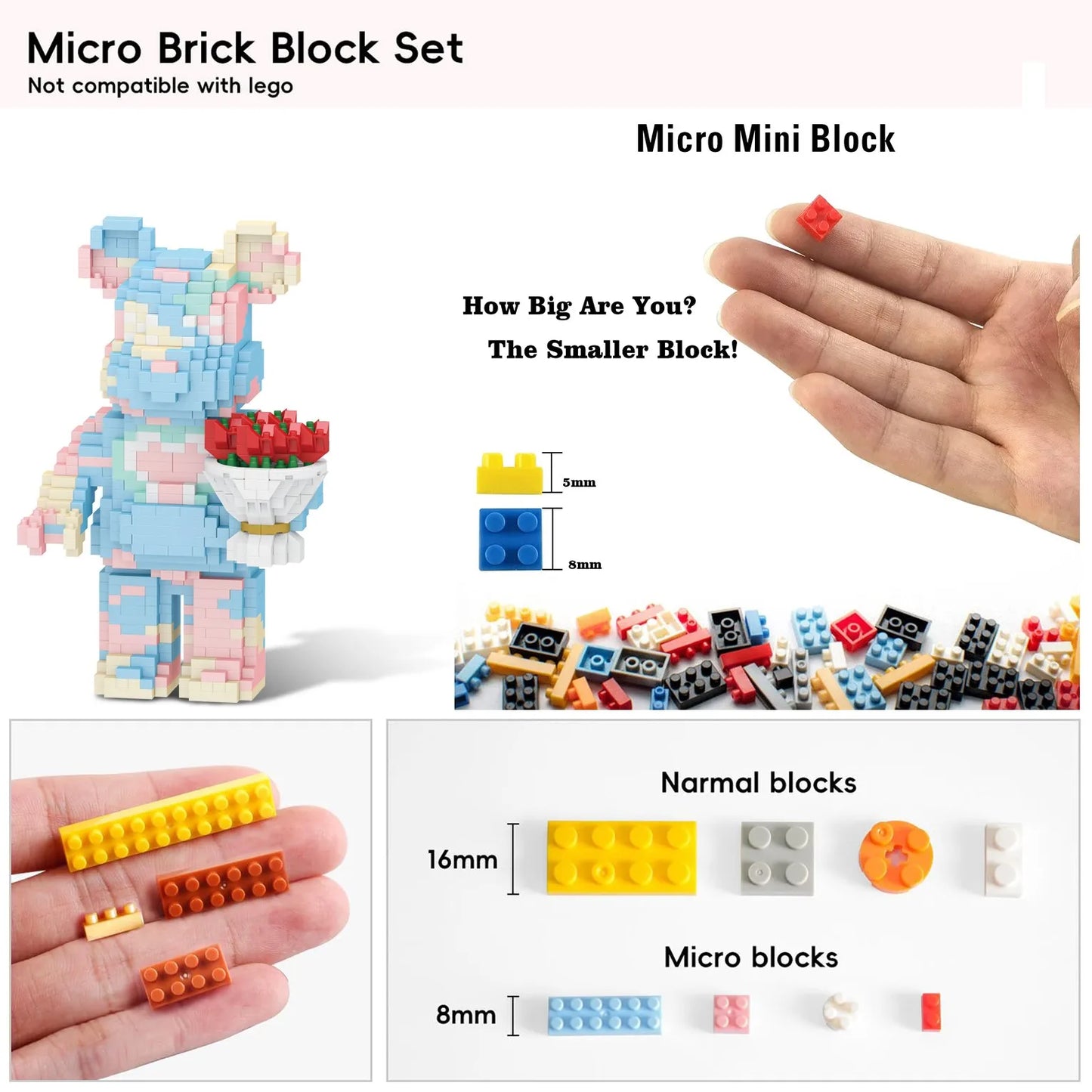 Kawaii Teddy Bear with Rose Bouquet Micro Building Blocks Set – 1090 Pieces